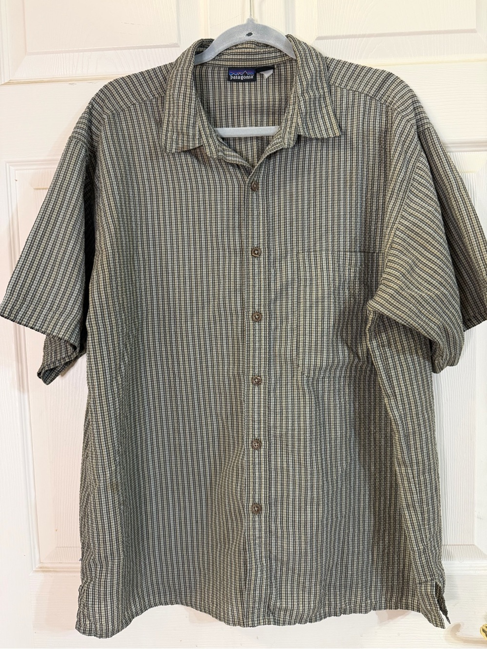 Patagonia Olive and Gray Striped Short-Sleeve Button-Down Shirt